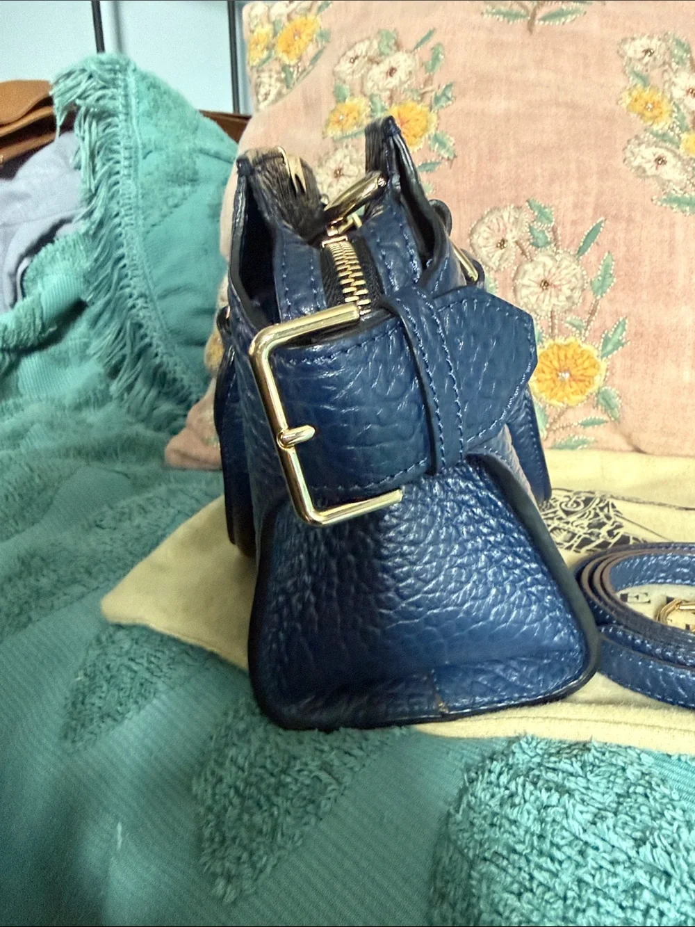 Burberry Navy Textured Leather Mini Satchel with Gold Hardware